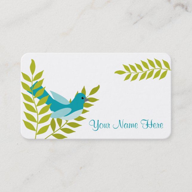 Happy Little Blue Bird & Green Leaves Calling Card (Front)