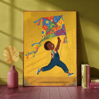 Happy Little Boy Flying a Bright Patterned Kite