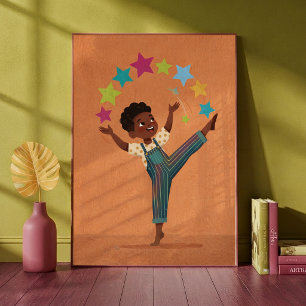 Happy Little Boy Juggling Colourful Stars Kids Poster