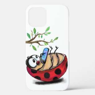 Happy Little Ladybug with Phone - Cartoon Drawing  iPhone 12 Case