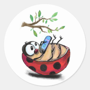Happy Little Ladybug with Phone - Cartoon Drawing  Classic Round Sticker