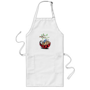Happy Little Ladybug with Phone - Cartoon Drawing  Long Apron