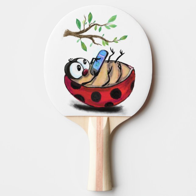 Happy Little Ladybug with Phone - Cartoon Drawing  Ping Pong Paddle (Front)