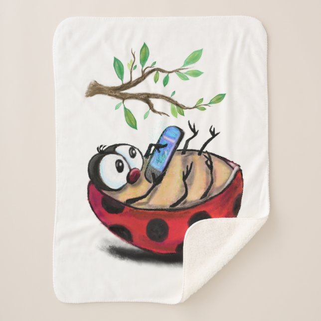 Happy Little Ladybug with Phone - Cartoon Drawing  Sherpa Blanket (Front)