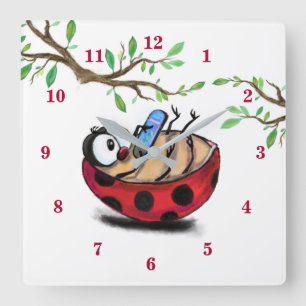 Happy Little Ladybug with Phone - Cartoon Drawing Square Wall Clock