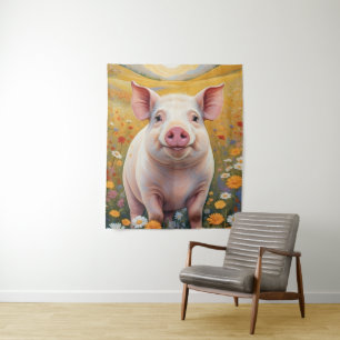 Happy Little Pig Sunny Daisy Field Tapestry