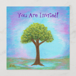 Happy Little Tree Whimsical Landscape Art Blue Invitation
