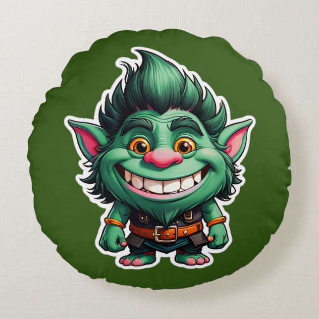 Happy Little Troll Chibi illustration Round Pillow (Front)