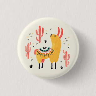Happy llama with cactus 1 inch round button