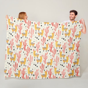 Happy llama with cactus fleece blanket