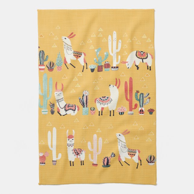 Happy Llama with Flowers and Cacti Watercolour Kitchen Towel (Vertical)