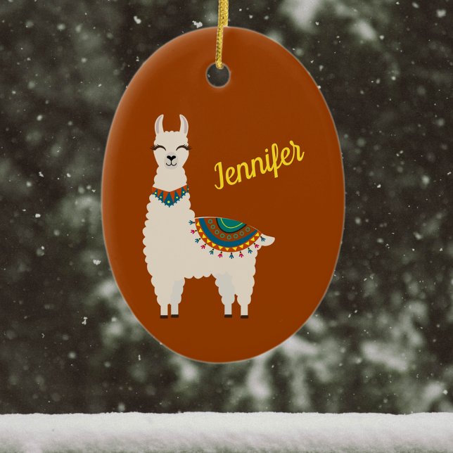 Happy Llama with Name on Red Ceramic Ornament (Creator Uploaded)