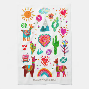Happy Llamas & Hearts Customizable Kitchen Towels