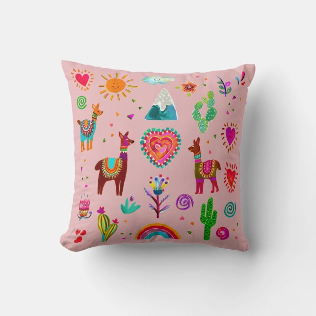 Happy Llamas & Hearts Customizable Throw Pillow (Front)
