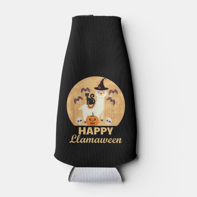 Happy Llamaween Funny Llama Lover Spooky Halloween Bottle Cooler (Front)