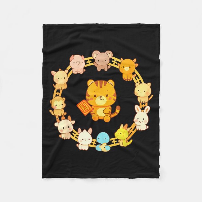 Happy Lunar New Year Animals 12 Chinese Zodiac Sig Fleece Blanket (Front)