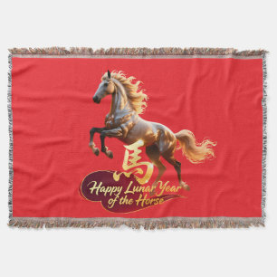 Happy Lunar New Year Majestic Golden Horse Throw Blanket