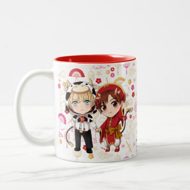 Happy Lunar New Year Ox Storie & Valentine Two-Tone Coffee Mug (Left)