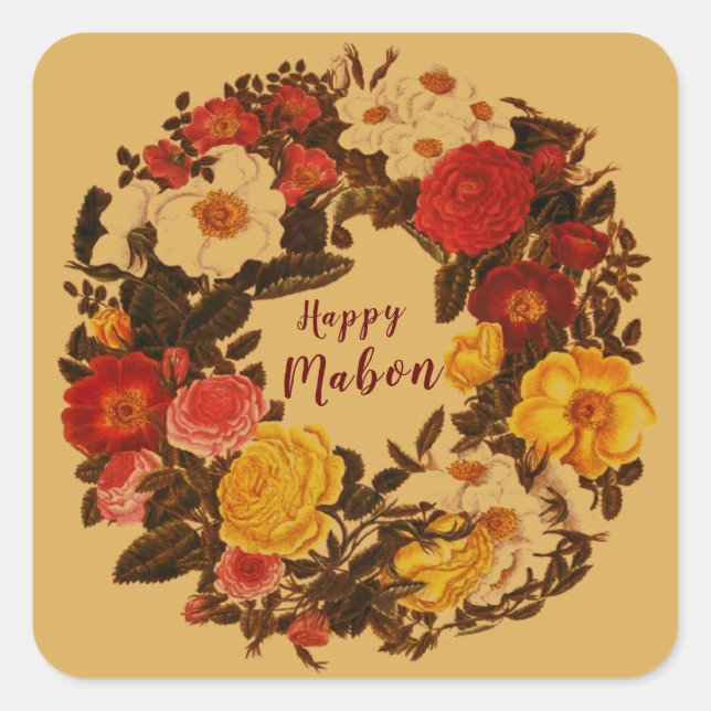  Happy Mabon Autumn Equinox Wreath on Fall Gold Square Sticker (Front)