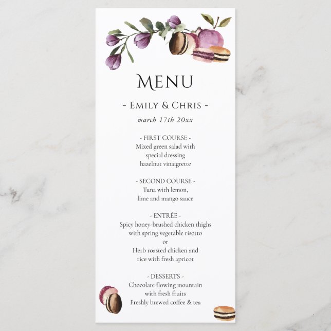 Happy Macaron | Elegant Violet Floral Modern Menu (Front)