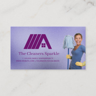 Happy Maid Holding Mop   Blue Collar Business Card