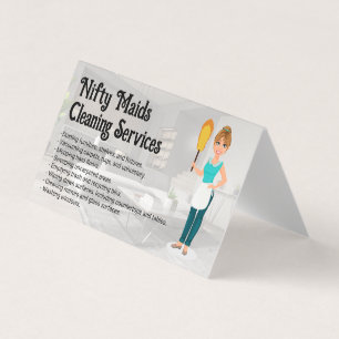 Happy Maid with Feather Duster   Clean Living Room Business Card