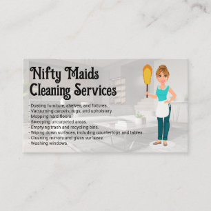 Happy Maid with Feather Duster   Clean Living Room Business Card