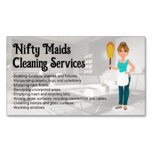 Happy Maid with Feather Duster   Clean Living Room Magnetic Business Card