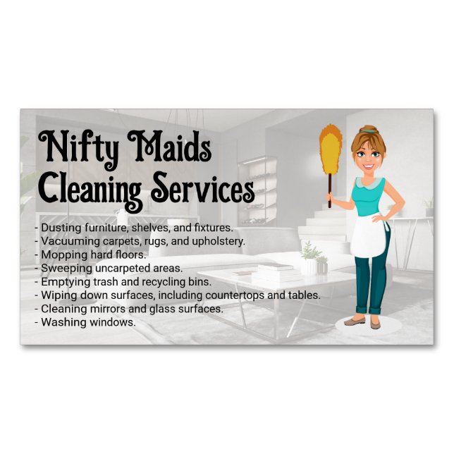 Happy Maid with Feather Duster | Clean Living Room Magnetic Business Card (Front)