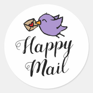 Happy Mail handwritten text cute bird doodle Classic Round Sticker