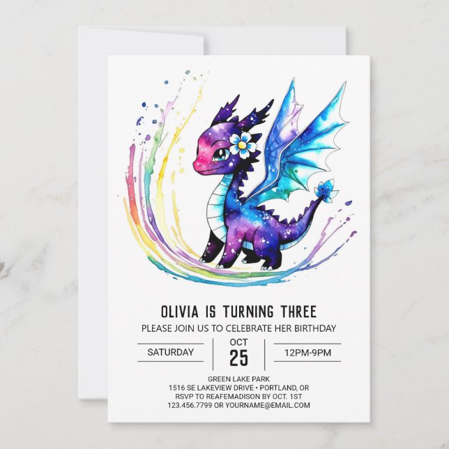 Happy Majestic Dragon Digital Girl Birthday Invitation (Front)