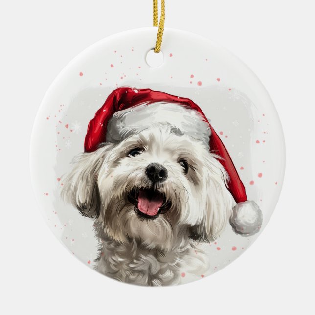 Happy Maltese Dog Christmas Personalized Ceramic Ornament (Front)
