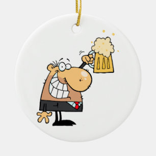 happy man cartoon celebrating with beer ceramic ornament
