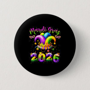 Happy Mardi Gras 2026 Jester Hat New Orleans Men W 2 Inch Round Button