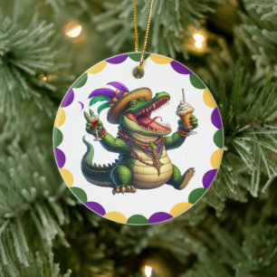 Happy Mardi Gras Alligator Ceramic Ornament