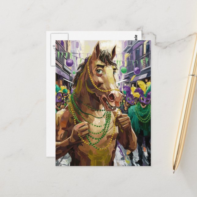 Happy Mardi Gras Brown Horse Postcard (Front/Back In Situ)