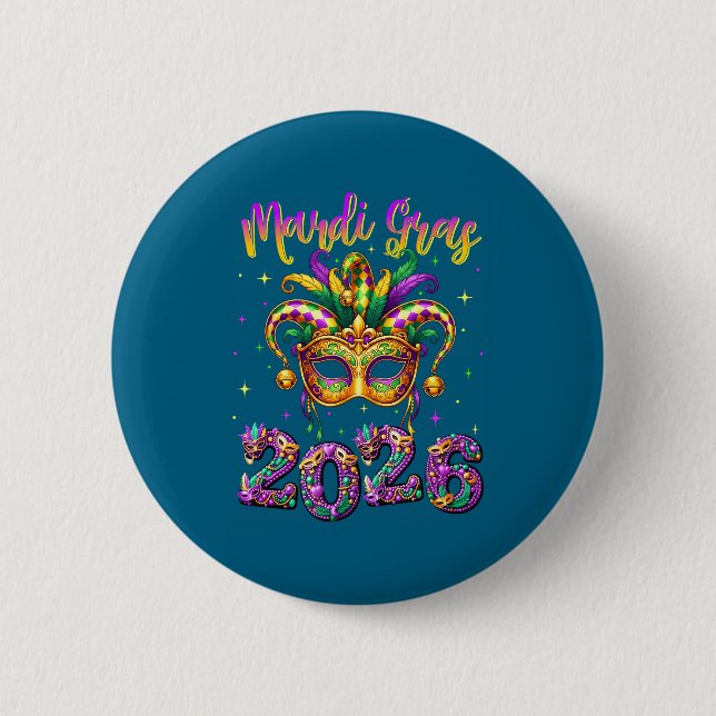 Happy Mardi Gras Carnival 2026 Jester Hat Men Wome 2 Inch Round Button (Front)