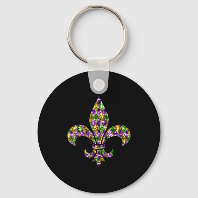 Happy Mardi Gras Carnival New Orleans Fleur De Lis Keychain (Front)