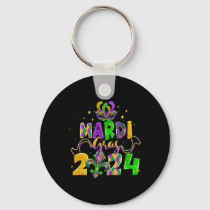 Happy Mardi Gras Fat Tuesday Beads Mask Jester Hat Keychain
