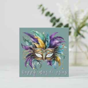 Happy Mardi Gras Feathered Mask in Green Card