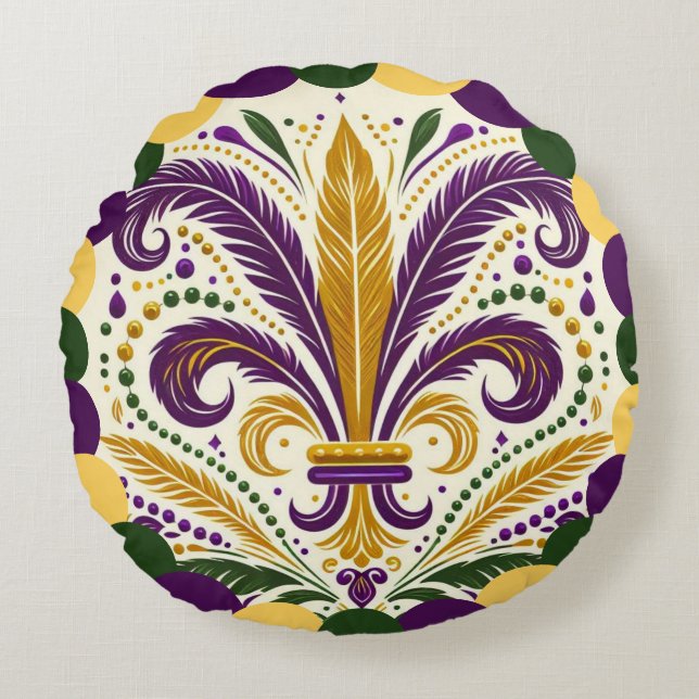 Happy Mardi Gras  fleur-de-lis  Round Pillow (Front)