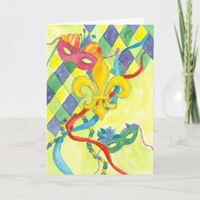 Happy Mardi Gras Fleur De Lis Watercolor Card (Front)