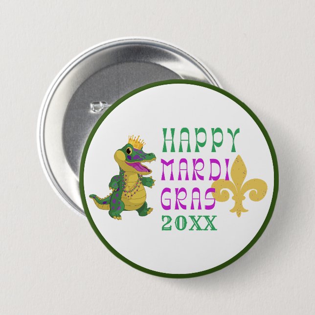 Happy Mardi Gras Gator King Button (Front & Back)