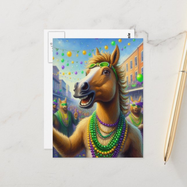 Happy Mardi Gras Horse With Beads Postcard (Front/Back In Situ)