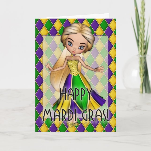 Happy Mardi Gras Party Girl Greeting Card (Front)