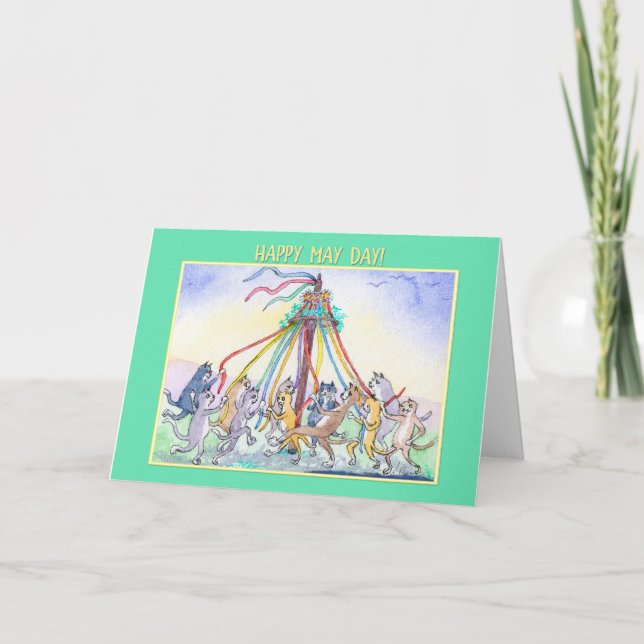 Happy May Day, cats maypole dancing, greeting card (Front)