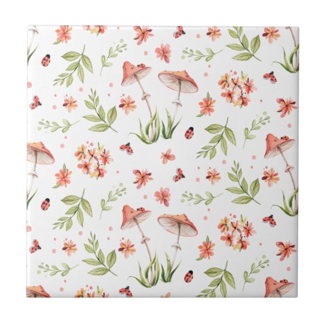 Happy Meadow Ladybug and Mushroom Seamless Tile (Front)