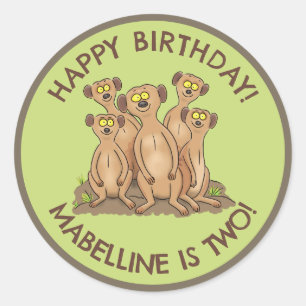 Happy meerkats personalized birthday cartoon classic round sticker