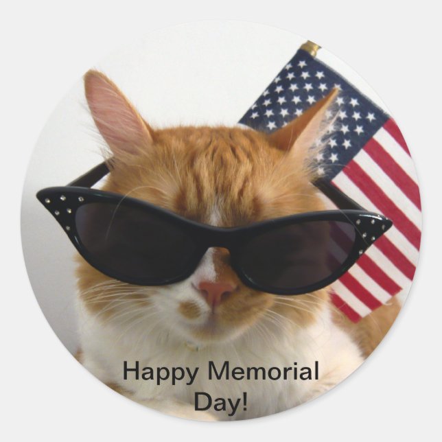 Happy Memorial Day Cool Chat avec Sticker Drapeau (Devant)