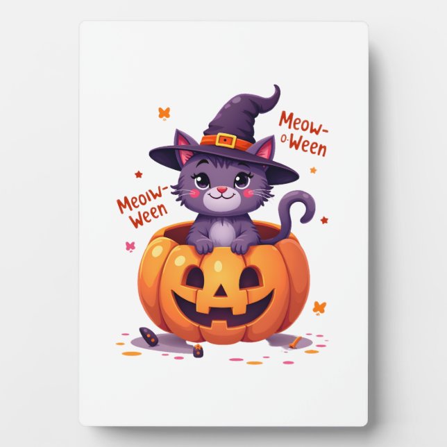 Happy Meow-a-ween - Cute Cat Witch Pumpkin - Hallo Plaque (Front)